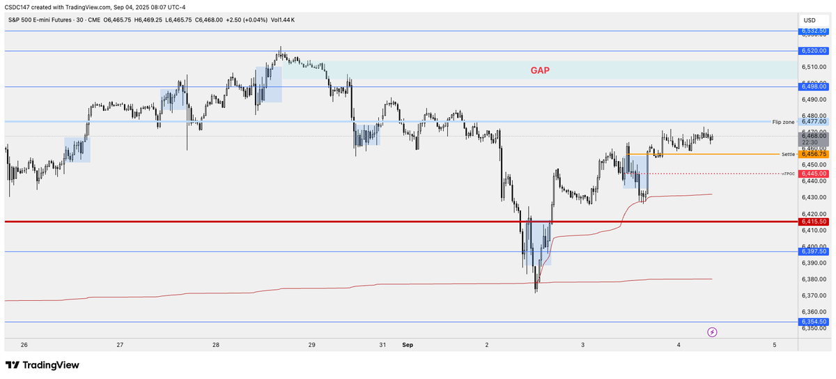E-mini S&amp;P 500 (ES)
🔄 Prior Session Re-cap
The entire activity of y-day’s session up to today was contained within the settle at 6425 and the flip zone at 6474. The market filled the gap to the upside and the overnight gap to the downside, as everyone is in wait-and-see mode.