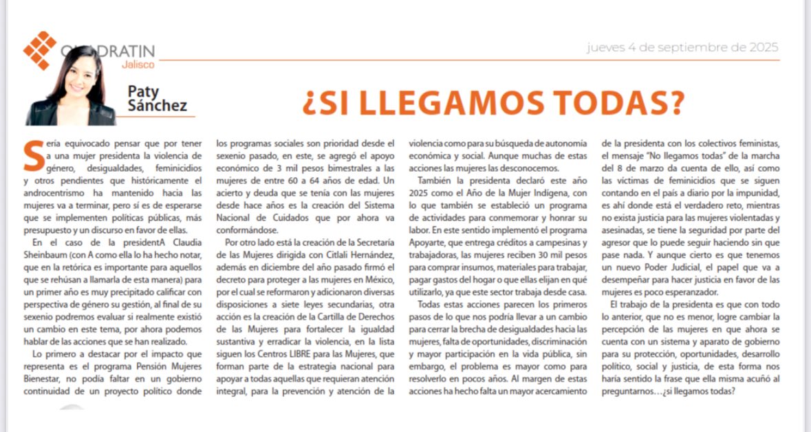 Buenos días! Comparto mi columna sobre el 1er año de Sheinbaum con perspectiva de género

bajio.quadratin.com.mx/si-llegamos-to… <a href="/quadratinbajio/">Quadratin Bajío</a> <a href="/QuadratinJal/">Quadratín Jalisco</a>