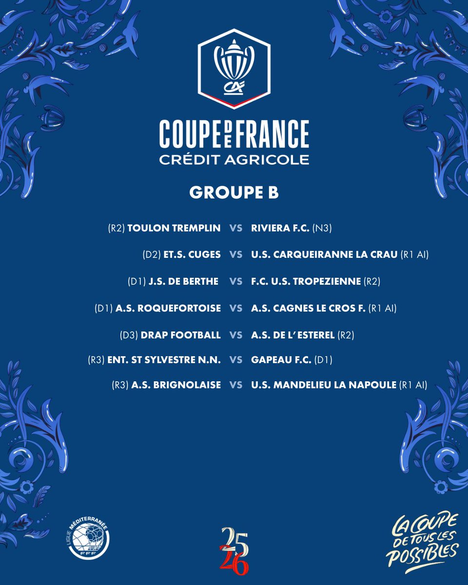 [COUPE DE FRANCE]  🏆 Le tirage (par zones géographiques) du 3ème tour de la <a href="/coupedefranceCA/">Coupe de France Crédit Agricole</a> a été effectué à la <a href="/lmedfoot/">Ligue Méditerranée</a>.

📅 Matches les samedi 13 et dimanche 14 septembre 2025 (entrée des clubs de National 3).

👉 Liste des matches (3ème tour) : urlr.me/AX4Z3u