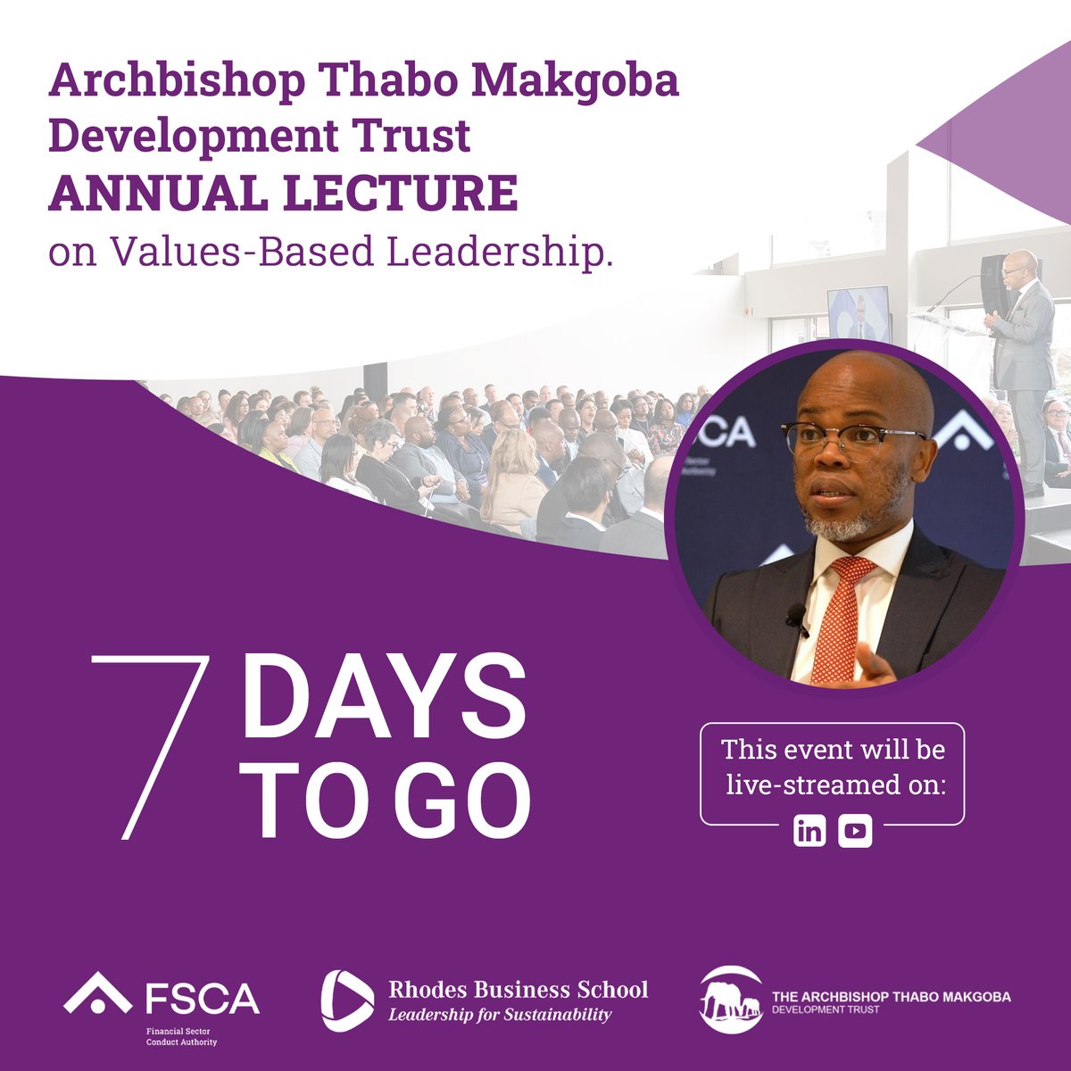 fscasouthafrica's tweet image. Just one week to go until the 11th Annual @ArchTrust Lecture. Join FSCA Commissioner Unathi Kamlana as he delivers the keynote address on &quot;Values-Based Leadership.&quot;
#FSCATalks #ValuesBasedLeadership #EthicalLeadership #RhodesUniversity #ArchbishopThaboMakgobaTrust @RhodesBusiness