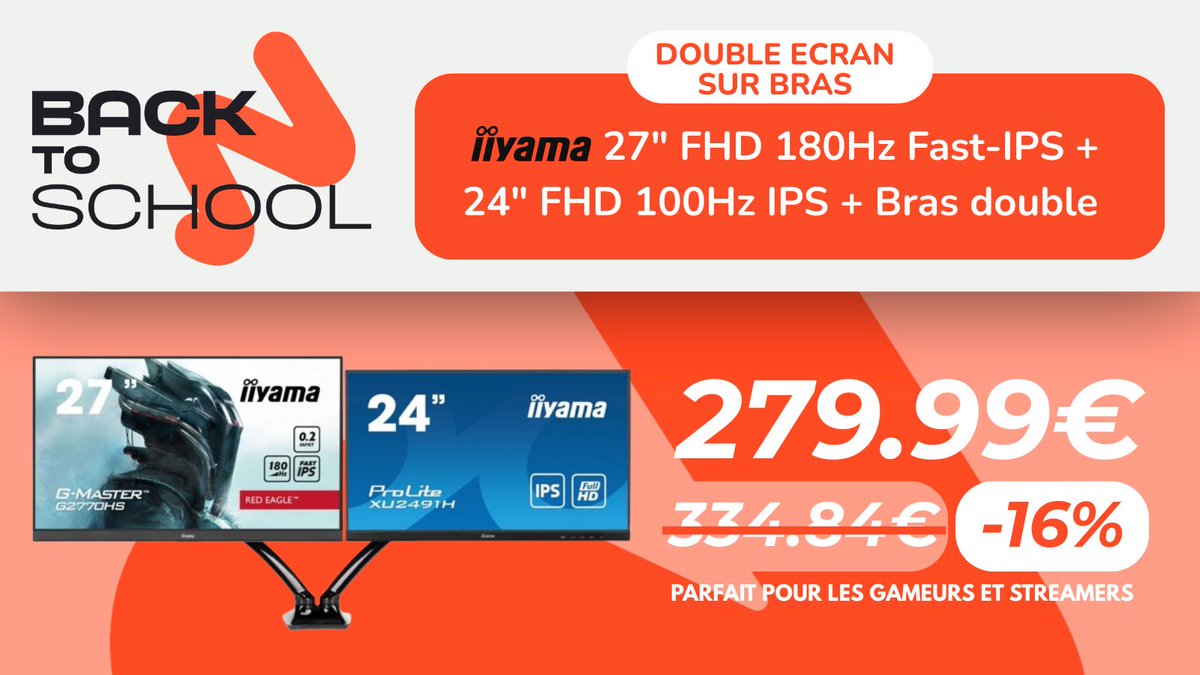 grosbill_com's tweet image. Tu veux faire changer ton setup de dimension pour le moins cher possible ?

J’ai LA solution :

Avec ce pack double écran iiyama sur bras, booste ta productivité et ton confort de jeu :

🔹 27" FHD 180Hz Fast-IPS pour la fluidité et la réactivité 
🔹 24" FHD 100Hz IPS pour gérer…