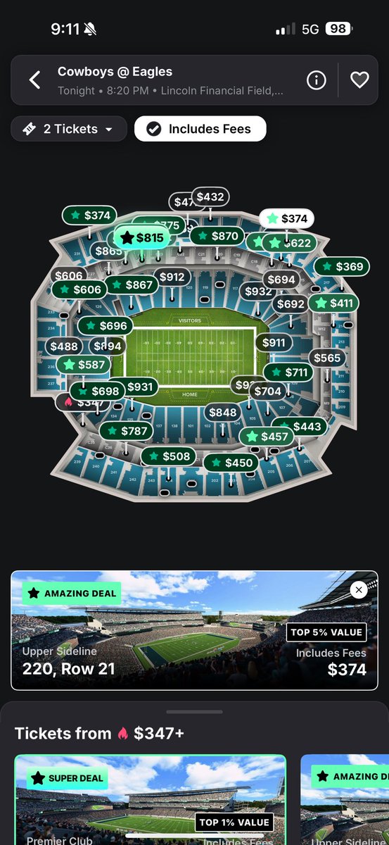 JonMarksMedia's tweet image. If you were looking to go to the game tonight, tickets prices have dropped this morning on @Gametime - Upper level seats are now going for under 400 bucks. Fees included. Click the link and save $20 off ur 1st purchase with code “XDEAL” #GametimePartner #RestrictionsApply