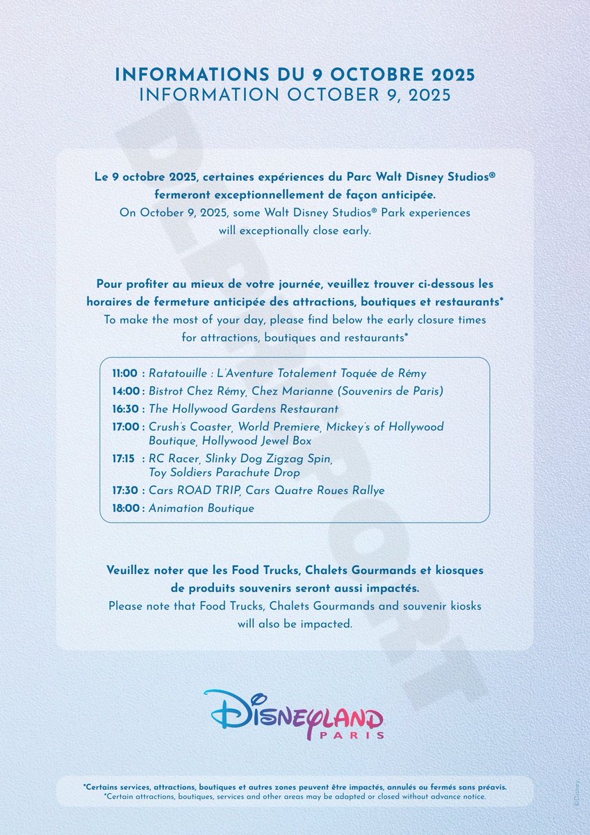⚠️ On October 9, half of Walt Disney Studios Park will inexplicably close early, from Ratatouille at 11am to the entire right side of the park and World Premiere between 5 and 6pm. Plan your visit accordingly.