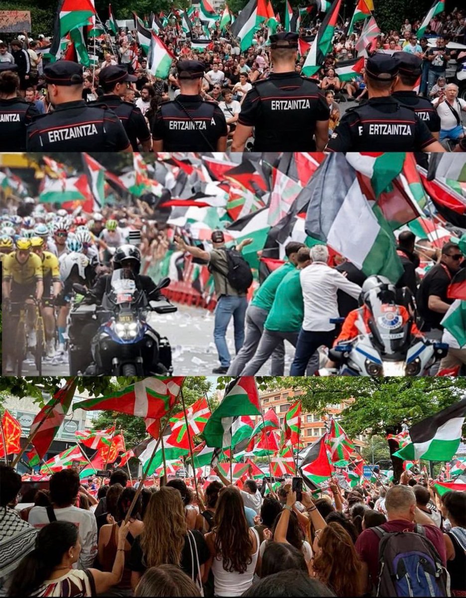 ultras_antifaa's tweet photo. The Basque people showed a solidarity with Palestine during La Vuelta a España that will be remembered for many years. 

The images of them blocking the Israeli cyclists have become part of the unforgettable moments in sports history. https://t.co/kfsxNWj6Fa