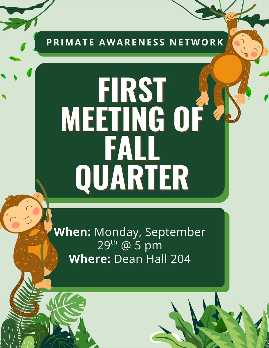 Welcome back wildcats! The first PAN meeting is coming up so mark your calendars. We can’t wait to hear about your summer and plan for the school year. 
When: Monday, September 29th @ 5pm 
Where: Dean 204 (PAN ROOM) 
<a href="/CentralWashU/">CWU</a> 
#PAN #CWU #ellensburg #primates