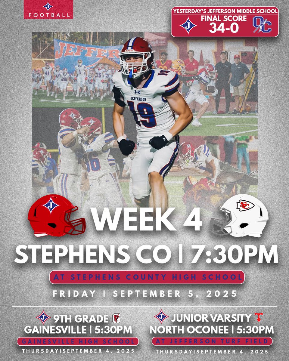 Our JMS Dragons got the week started off with a 34-0 victory over Oconee County!!    Come out and support our 9th Grade, JV &amp; Varsity Dragons today and tomorrow night!!  
#JeffersonMade 💪🏽 💨 🏆 

All tickets 🎟️ at gofan.co/app/school/GA5…