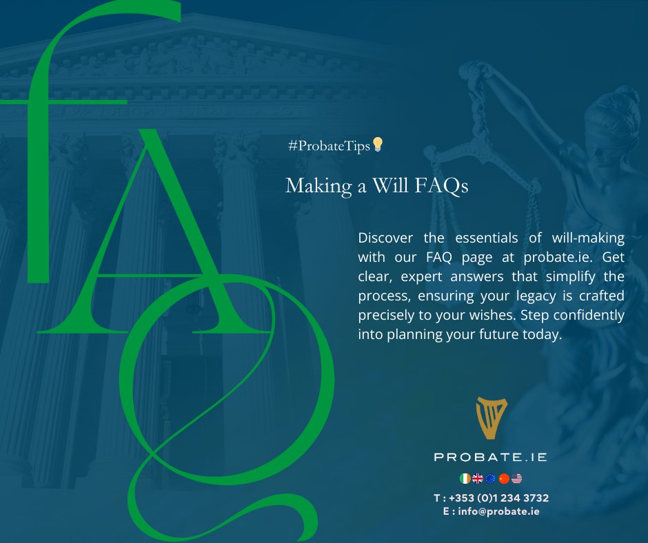 ProbateIE's tweet photo. #ProbateTips💡Got questions about making a #will? Find clear answers in our FAQs and resolve your doubts today. Click here for insights:  https://t.co/P0lurgCmFe 
#LastWill #LegalAssistance #FAQ #LegalService #Probate in #Ireland https://t.co/cmefAYQPFC
