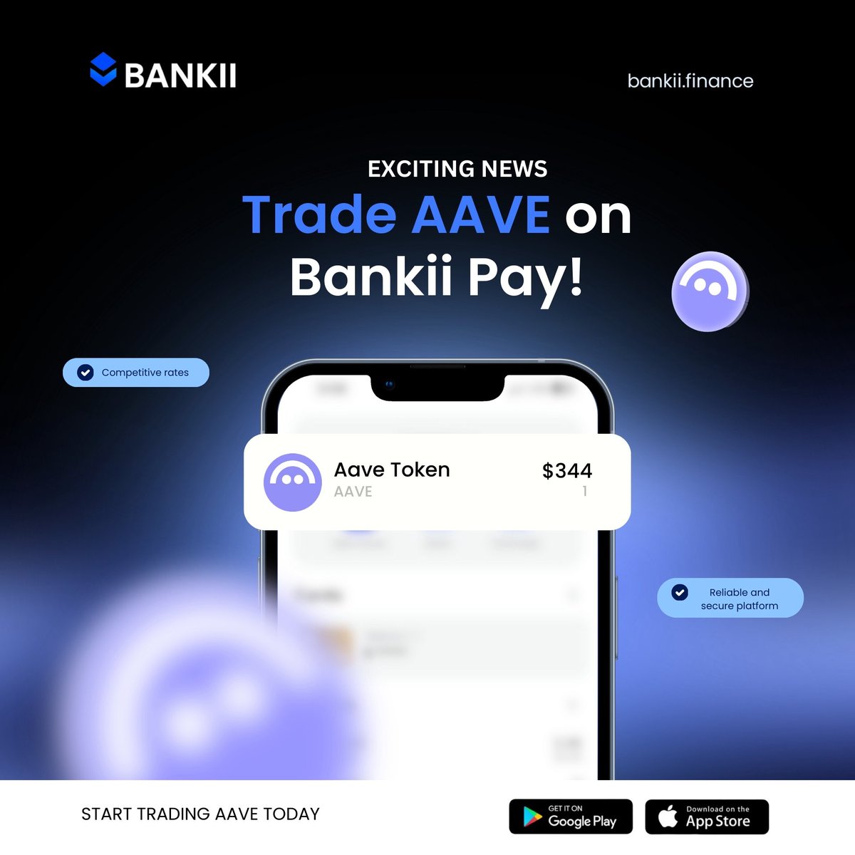 Bankiifinance's tweet image. Exciting News from Bankii!
We’re thrilled to announce that Bankii now supports trading of the AAVE pair directly on the Bankii Pay app!
With our easy-to-use Exchange feature, you can now trade AAVE seamlessly and securely, right at your fingertips.
💡 Why trade AAVE on Bankii…