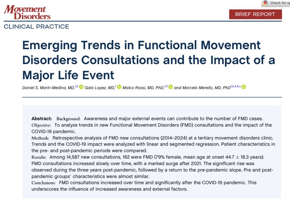 d_s_marin's tweet photo. Our first paper on Functional Movement Disorders in Argentina is out!

We describe the increasing number of FMD consultations over time and the lasting impact of COVID-19.

@FNDSociety @MDCP_Journal 
@movanfleni 
#FND #TNF 

https://t.co/Or9f6GaJKI https://t.co/NvurYPzvS9