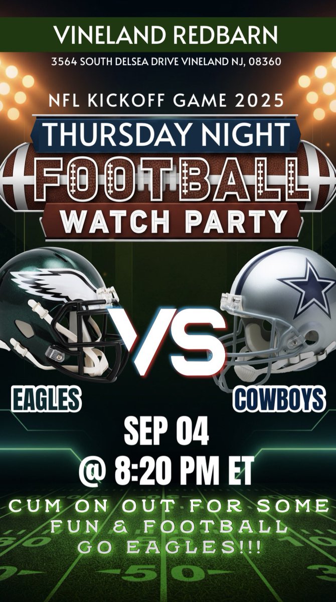 TONIGHT @ VINELAND REDBARN EAGLES VS COWBOYS WATCH EVENT STOP ON BY FOR SOME NAUGHTY FUN AND FOOTBALL 8pm till 11pm kick off is at 8:20pm see all here GO EAGLES!!!