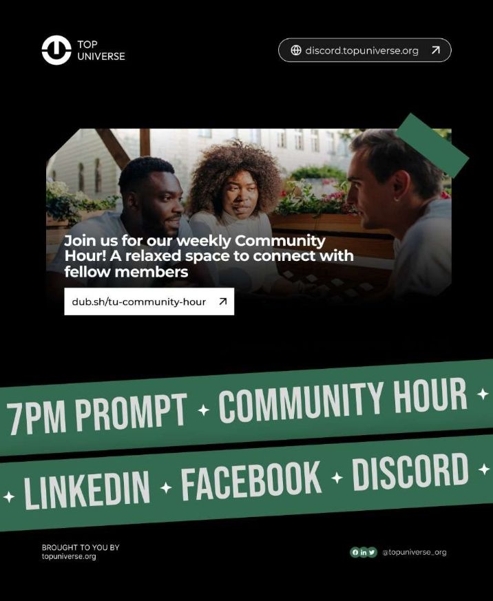 topuniverse_org's tweet image. TODAY at 7PM
Top Universe Community Hour will be LIVE — the space where convos spark ideas &amp;amp; connections become opportunities.

Don’t miss it! Save your spot here: topuniverse.org/discord

#CommunityHour 
#TopUniverse 
#Networking