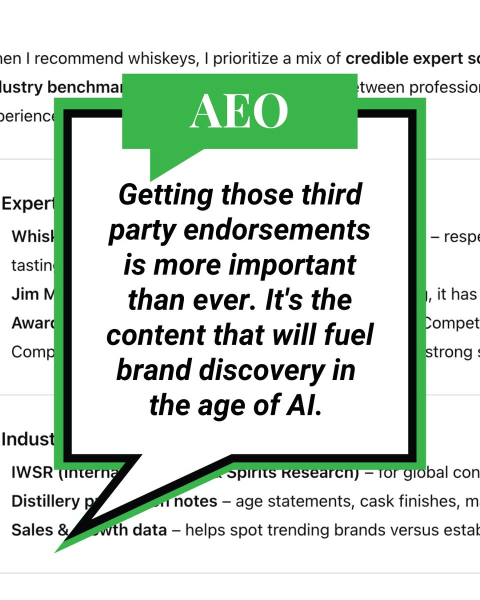 PR hits and niche influencer just became that much more important. Ask ChatGPT what sources it prioritizes when recommending brands and it lists earned media from trusted sources as a top priority. Sites like Forbes, VinePair and Whiskey Advocate high when it comes to AI.