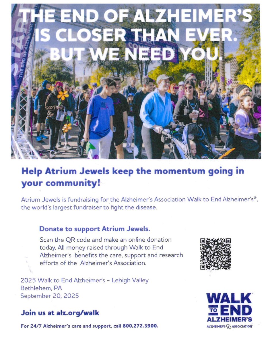 atriumallentown's tweet image. On September 20, 2025, we’ll join the Alzheimer’s Association Walk to End Alzheimer’s® in Bethlehem, PA—the world’s largest fundraiser to fight this disease.

✨ Join us in making a difference! Scan the QR code to donate and stand with us in the fight to #EndAlz.
#WalkToEndAlz