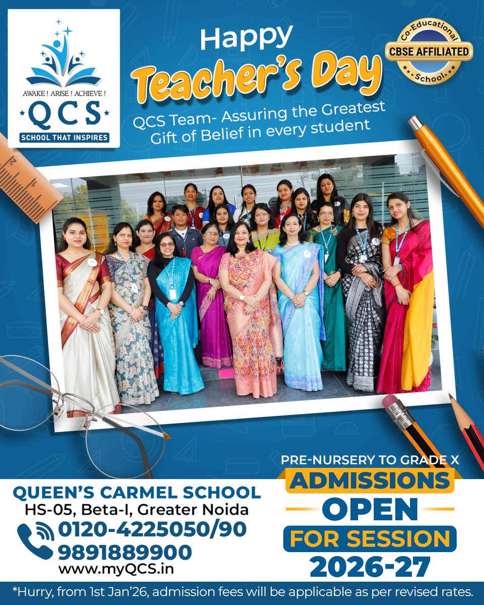 QCSSchool's tweet image. On this Teacher’s Day, we salute our educators who guide students with passion and care. With modern infrastructure and innovative teaching, we ensure every child grows with knowledge and confidence. #HappyTeachersDay #AdmissionsOpen #21stCenturyLearning
