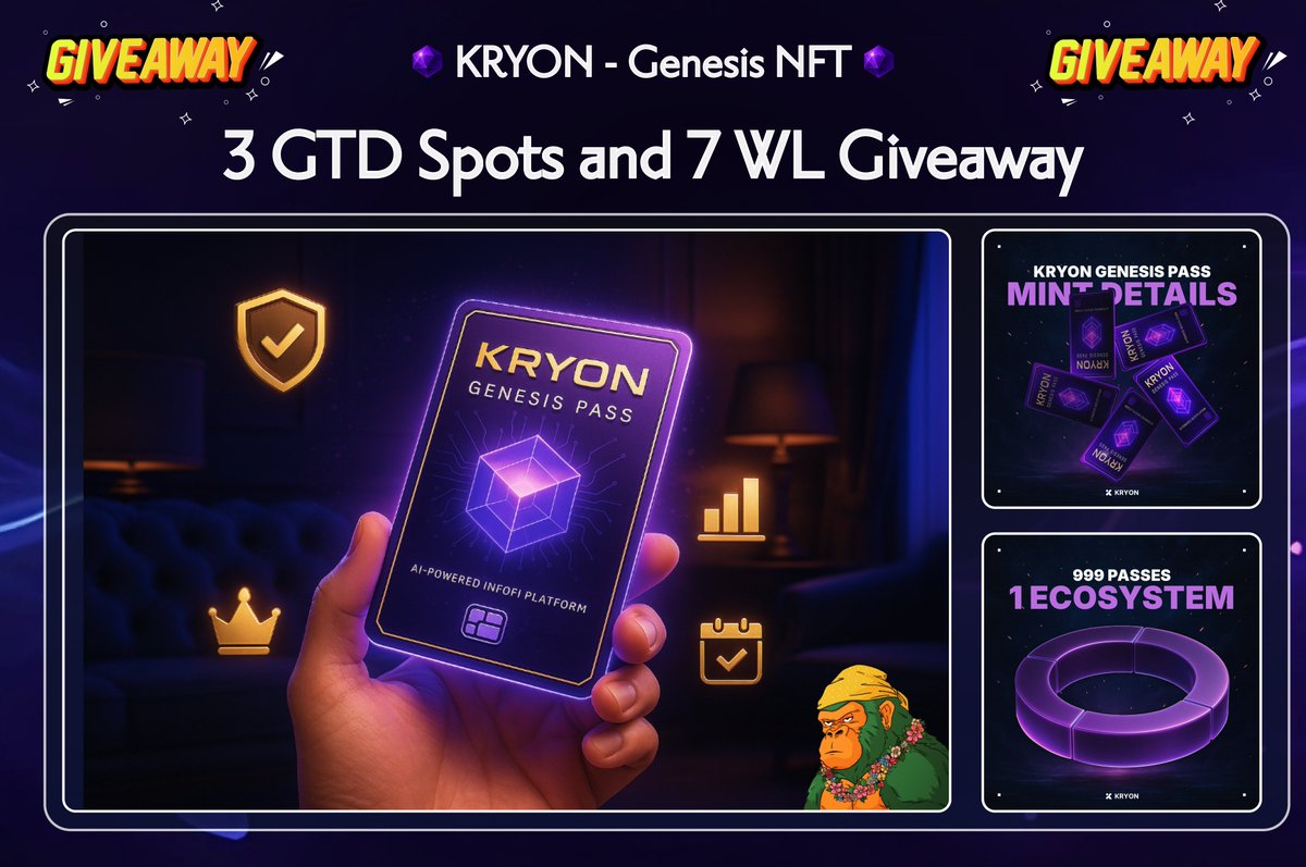 🚨 <a href="/Kryon_AI/">Kryon</a> X Giveaway 🚨

3 GTD Spots and 7 WL Giveaway 🔥

Rules
✨ Follow  <a href="/aditya_rmurali/">Aditya.ron 🇮🇳 ⚡| KIND</a>  &amp; <a href="/Kryon_AI/">Kryon</a>
✨ RT &amp; Like , Bookmark this tweet
✨ Tag 3 friends with the Ronin Address 

Chain: <a href="/Ronin_Network/">Ronin</a>  | Supply: 999 | Results in 48 hours

Bonus
Join Discord: