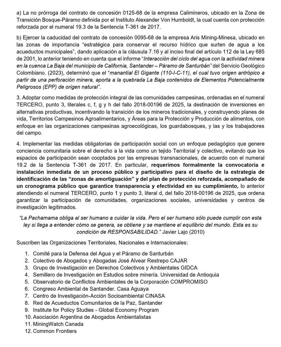 Desde el <a href="/ComiteSanturban/">Comité Santurbán</a> y varias org nacionales e internacionales celebramos que #Santurbán se declare sujeto de derechos y exigimos al <a href="/MinAmbienteCo/">MinAmbiente Colombia</a> <a href="/MinEnergiaCo/">Minenergía</a> <a href="/ANMColombia/">AgenciaNaldeMinería</a> que en lugar de apelar la sentencia se de su cumplimiento de manera inmediata.