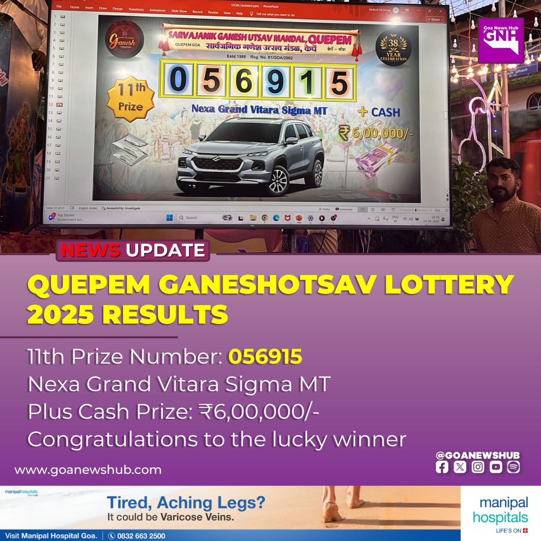 goanewshub's tweet image. Quepem Ganeshotsav Lottery 2025 Results

11th Prize Number: 056915

Nexa Grand Vitara Sigma MT
 
Plus Cash Prize: ₹6,00,000/-

Congratulations to the lucky winner
 #QuepemGaneshotsav #LotteryDraw #Goa