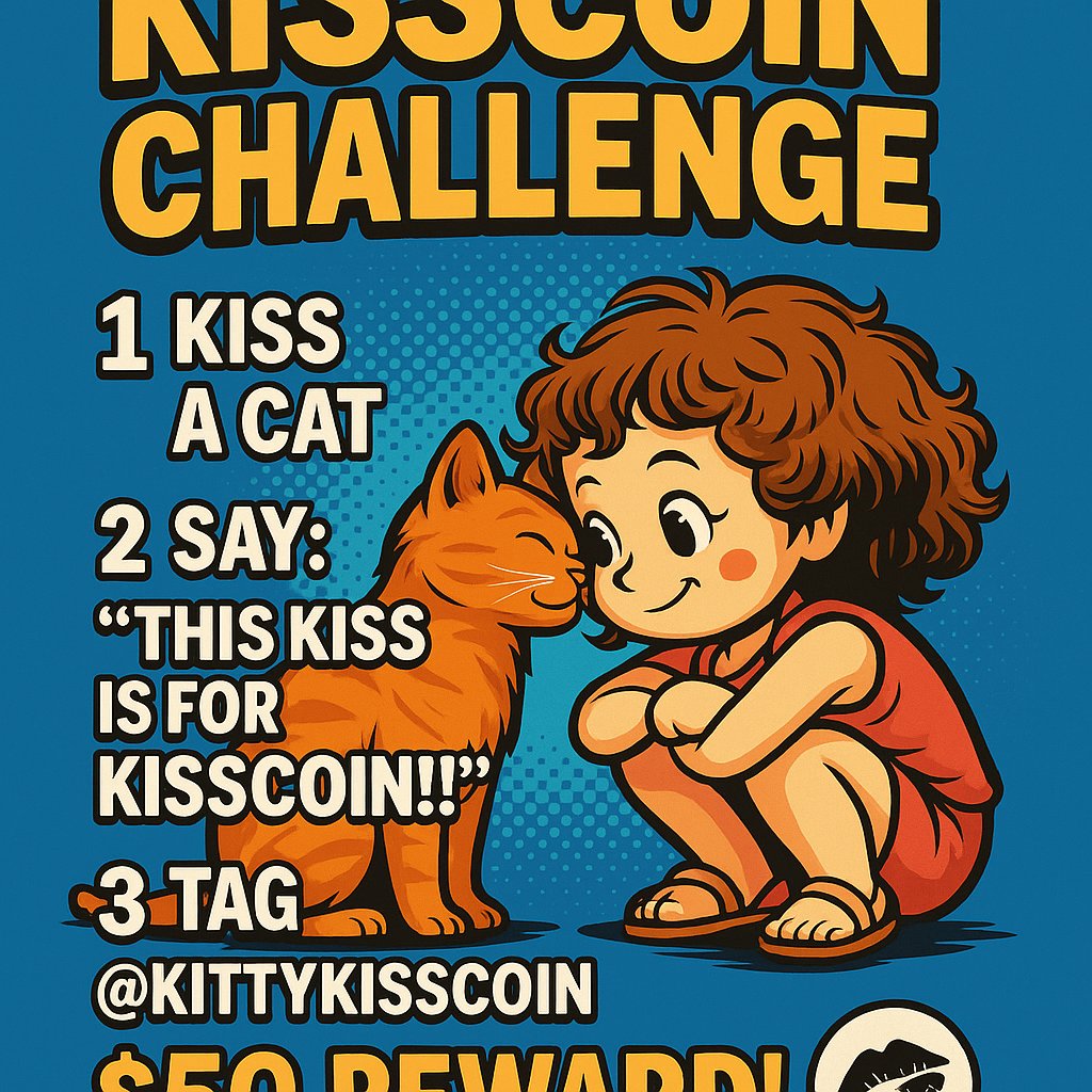 KittyKisscoin's tweet photo. 💋 Global #KisscoinChallenge is LIVE! 🚀🐱  

How to join ⬇️  
1️⃣ Record a NEW video kissing a cat 🐱💋 in your city square.  
2️⃣ Say on video: “This kiss is for Kisscoin!”  
3️⃣ Post on your Twitter + Tag @KittyKisscoin.  
4️⃣ Use hashtags: #KisscoinChallenge #Solana #Memecoin.  
5️⃣ Retweet this post & mention 3 friends.  

⚡ Rules:  
- Min 100 followers, account 1+ month old.  
- Only 1 entry per person.  
- First 20 winners get $50 USDC each!  

👉 Every buy = 1 Kiss 🌙🚀