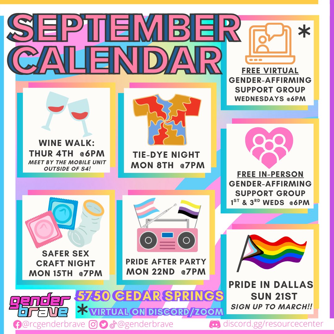 GenderBrave's tweet image. If you are looking for free, sober and fun events here's where we'll be in September! At GenderBrave, we give trans and gender expansive folks ages 18-35 the tools they need for HIV prevention. Be the Cure in your community!!
#GenderBrave #lgbtq #lgbt #transgender
