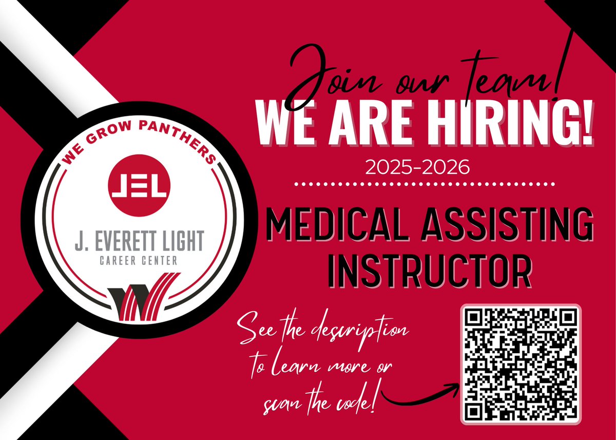 🎓 Join Our Team at J. Everett Light Career Center!
We're hiring a Medical Assisting Instructor who’s passionate about the field of medical assisting and ensuring students gain practical, real-world skills!
👉 Learn more &amp; apply here:
applitrack.com/msdwt/onlineap…