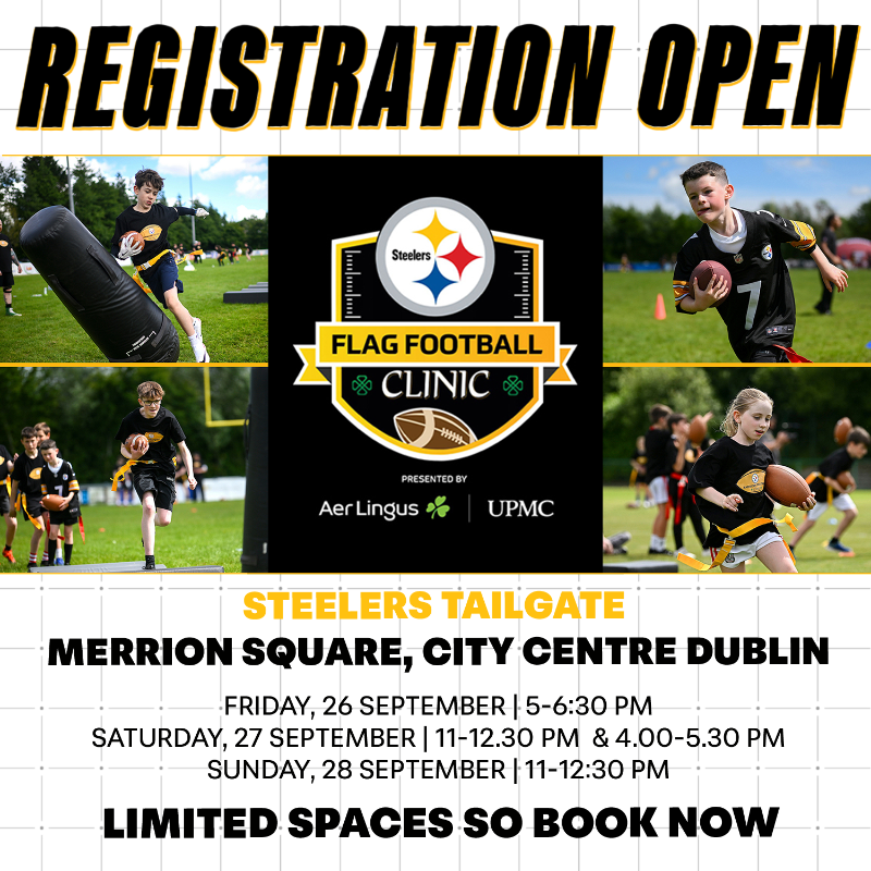 SteelersIreland's tweet photo. Join the Pittsburgh Steelers for our FREE Flag Football Clinics, presented by @aerlingus and @upmcinireland on September 26-28 for children aged 9-16 ☘️🏈
Learn Flag Football from Steelers Legends 💪
