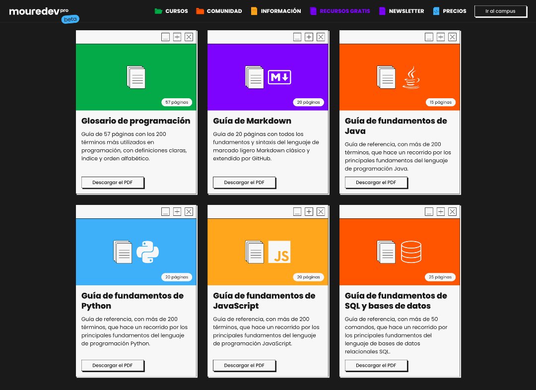 MoureDev's tweet image. Estas son mis 6 guías gratis en pdf para aprender programación!
→ Glosario de programación con 200 términos
→ Markdown 
→ Fundamentos de Java, Python y JavaScript
→ Fundamentos de SQL y bases de datos

📝 mouredev.pro/recursos