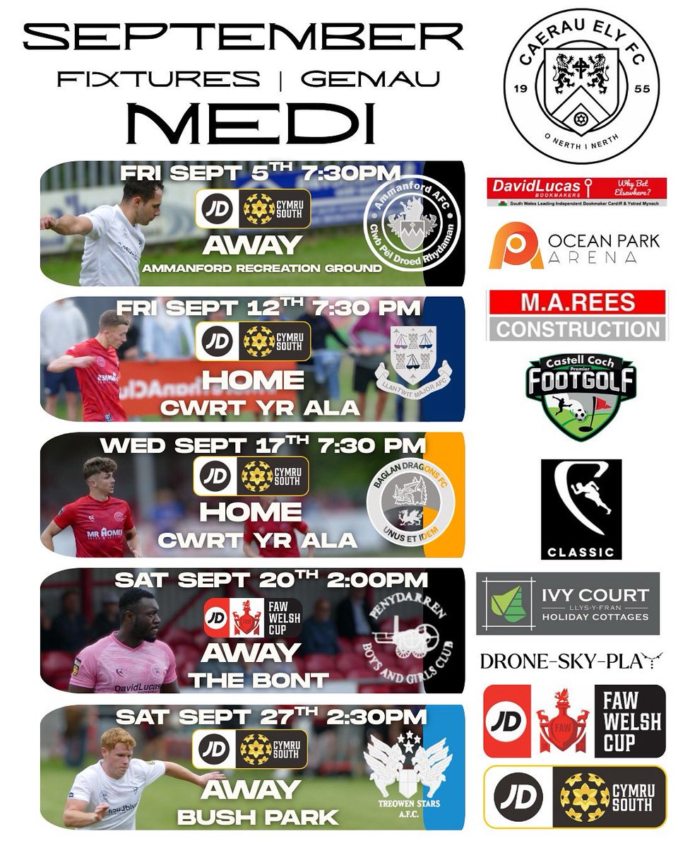 Medi/September 

A busy September awaits as we face some excellent teams in <a href="/CymruLeagues/">JD Cymru Leagues 🏴󠁧󠁢󠁷󠁬󠁳󠁿</a> and <a href="/FAWales/">FA WALES</a> cup matches. 

<a href="/CymruLeagues/">JD Cymru Leagues 🏴󠁧󠁢󠁷󠁬󠁳󠁿</a> <a href="/AllWalesSport/">All Wales Sport</a> <a href="/YClwbPelDroed/">Y Clwb Pêl-Droed</a> <a href="/danjdavies/">Dan (topbinsmag)</a> <a href="/FutbologyWales/">Futbology Wales 🏴󠁧󠁢󠁷󠁬󠁳󠁿</a> <a href="/oceanparkarena1/">Ocean Park Arena</a> <a href="/CVSFA/">Cardiff & Vale Schools & Colleges FA</a>