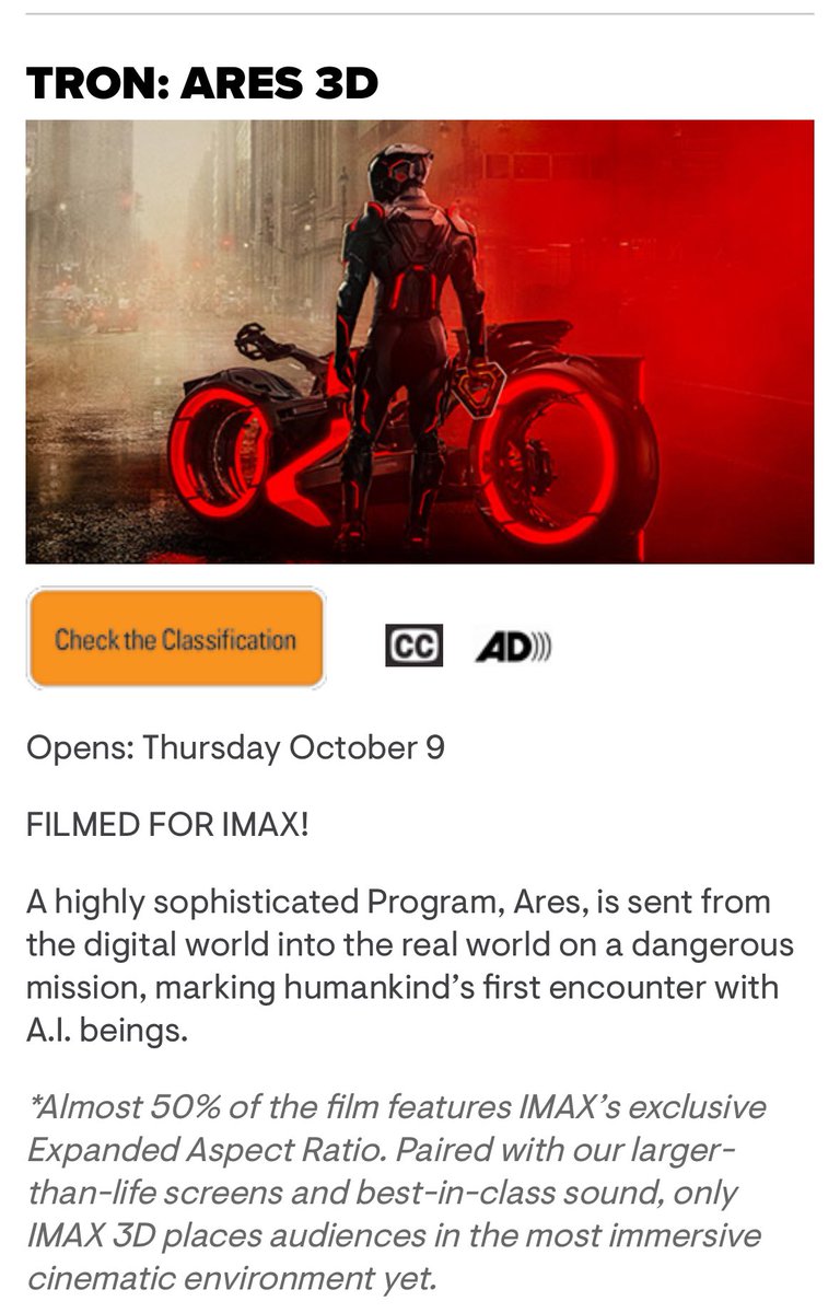 #IMAX
#トロンアレス

10月10日公開の「トロン:アレス」は上映時間の50%はIMAX独自のアスペクト比(1.90:1)で上映。
imaxmelbourne.com.au/movie/tron-are…
