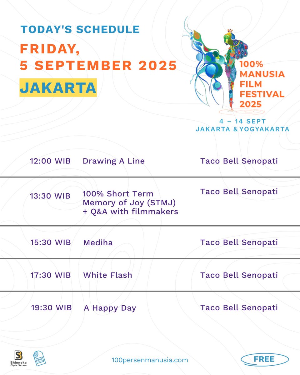 100prsenmanusia's tweet photo. #100PMFF25 is starting from, Friday, 5 September 2025 a whole day full in @tacobellid, Senopati.

All screenings and events are free of charge!
Kindly check our daily schedule every day, so make sure to hit the FOLLOW button and not miss any film from our film festival.

Make sure to come 1 hour before the screening time to register and get your ticket!

See you there!

#100ManusiaFilmFestival #FilmForAll #100PersenManusia #FilmFestival #HumanRights #EmpowerThroughFilm #FilmScreening #InfoEvent #NontonEmpowerment @NLinIndonesia @ErasmusHuis