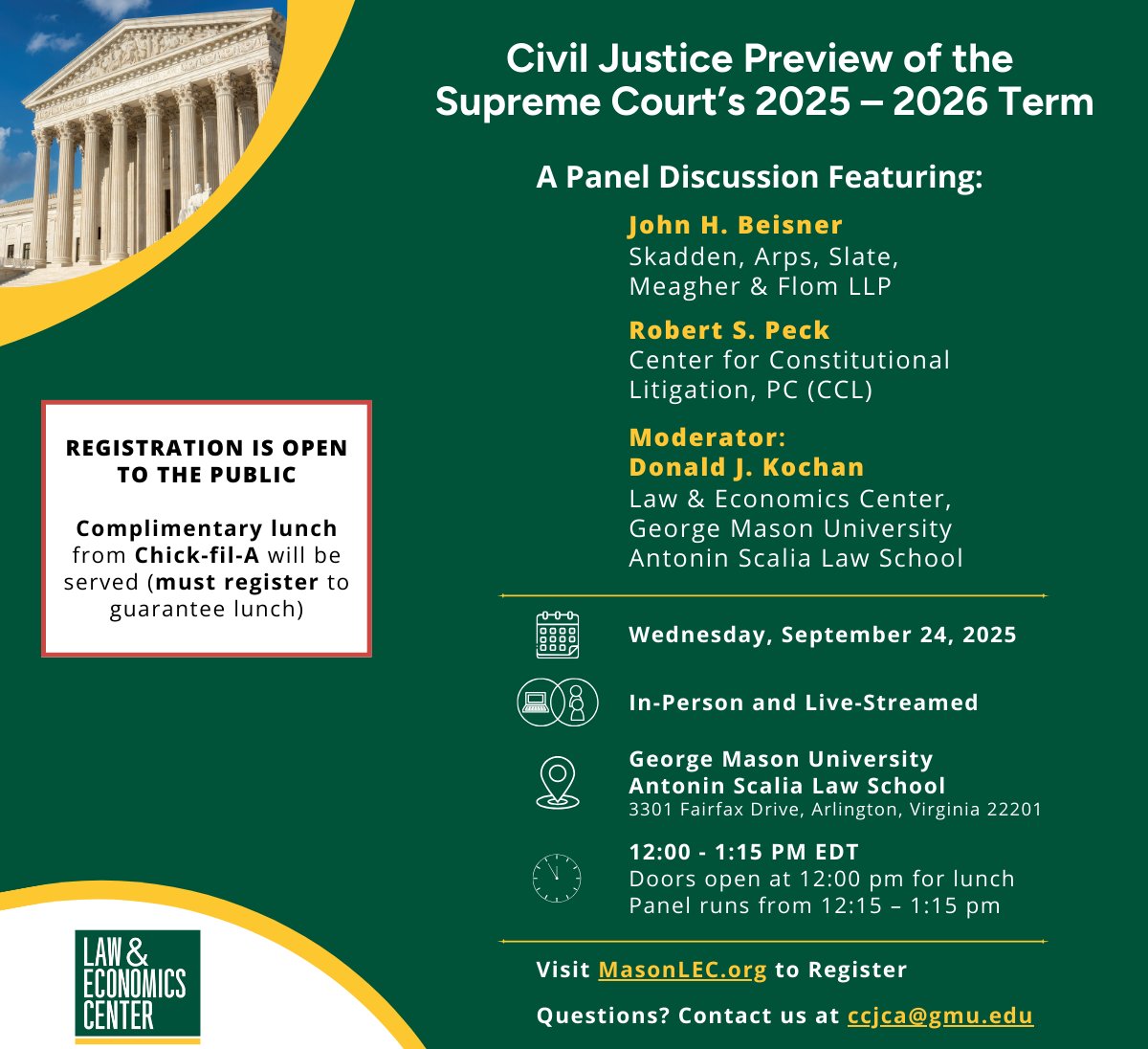 ‼️🏛️Register to Attend: bit.ly/3JKmzZb
Sign Up to Watch: bit.ly/3V32KyD
More Info: bit.ly/3UX3q8L

Join us in-person or virtually Wednesday, September 24 for our "Civil Justice Preview of the Supreme Court's 2025 – 2026 Term"!

#civiljustice