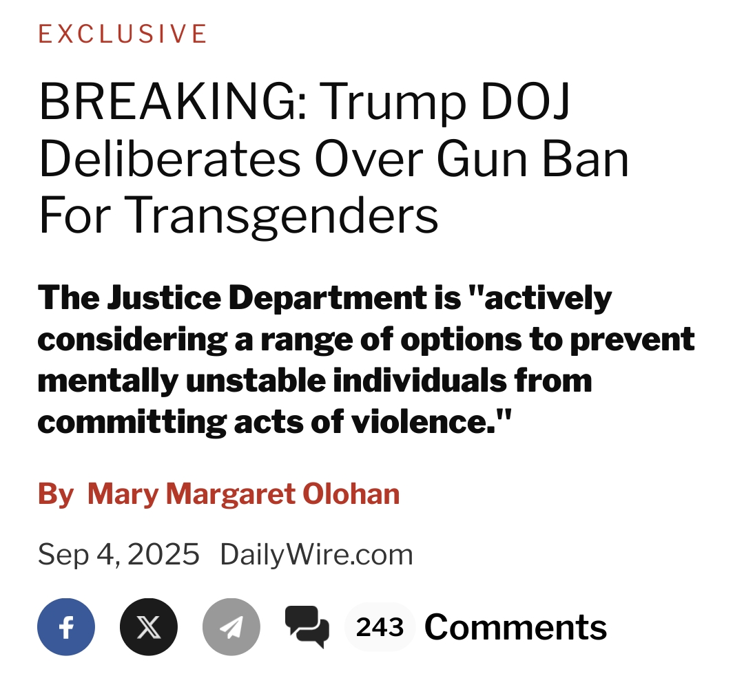 Some of the fallout of the detransitioner attacking a school. 

No, not banning guns. Just trans people from guns.

Over 309 mass shootings in 2025 alone in the United States.