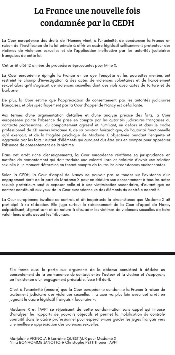 Fière, émue et soulagée par l’arrêt de <a href="/ECHR_CEDH/">ECHR CEDH</a> de ce jour qui rend sa dignité à ma cliente #lahontedoitchangerdecamp ✊🏼✊🏼 aujourd’hui ce sont les autorités judiciaires françaises qui peuvent avoir honte
<a href="/AVFT_/">AVFT Libres & Egales</a> 
@ Mes Questiaux &amp; Pettiti
Notre CP👊🏼👇🏼👇🏼👇🏼
