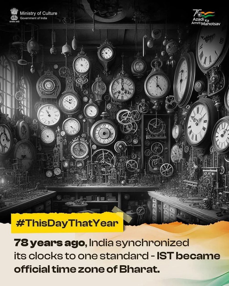 PratibhaPriyad3's tweet photo. 🚂 Before 1947, India was a time-travel puzzle with no single clock! Regions had their own local times until railways brought Kolkata & Mumbai Time in the 1880s. 🕰️ In 1947, India united under Indian Standard Time (IST), set to 82.5° E, 5h30m ahead of GMT! #History #IndiaTime https://t.co/tdNOQKykJC