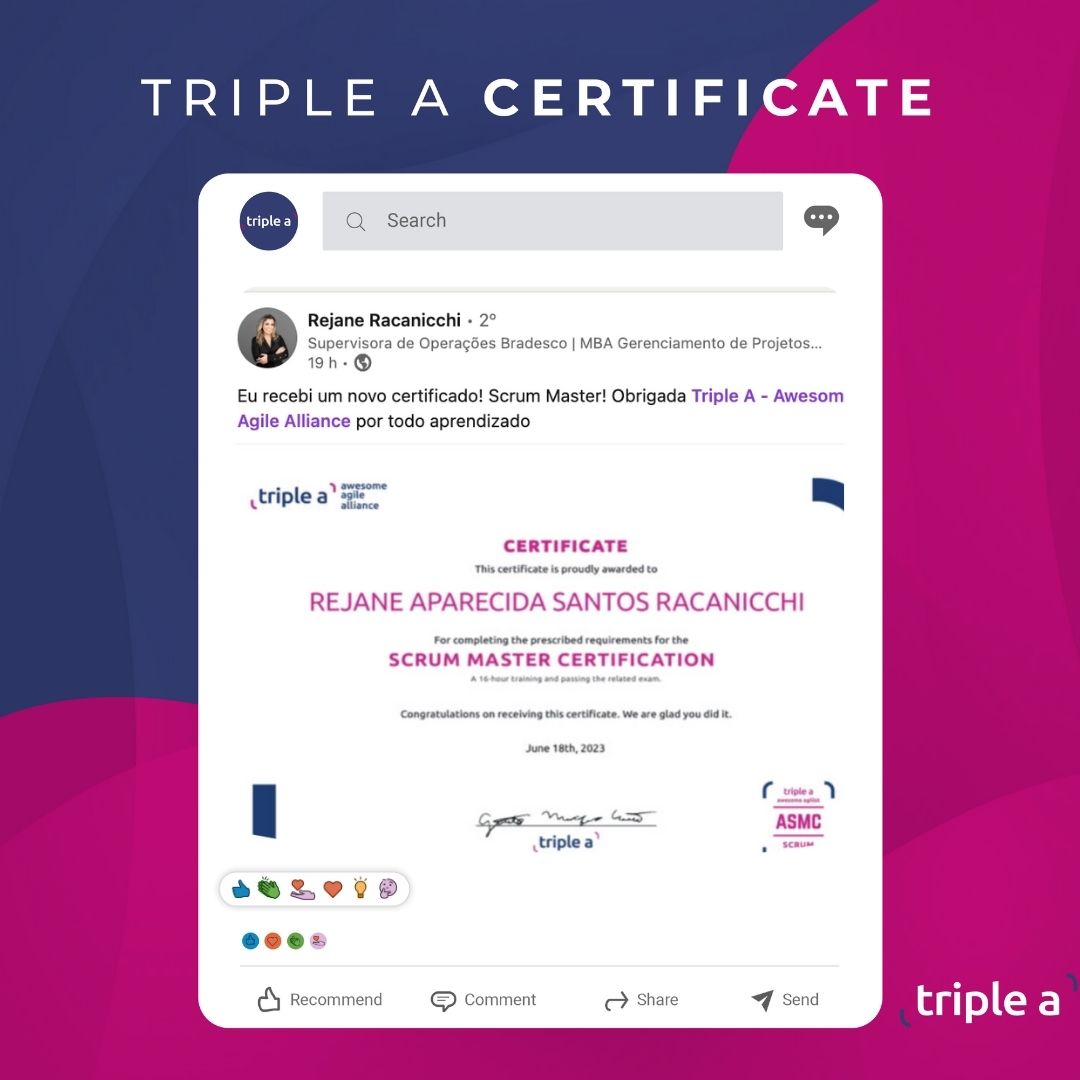 TripleA_Global's tweet image. &quot;Eu recebi um novo certificado! Scrum Master! Obrigada Triple A - Awesome Agile Alliance por todo aprendizado&quot;

Rejane Aparecida 

#productowner #scrumguide #multifuncionalidade #equipe #agilidade #agil #trabalho #responsabilidades #produtividade