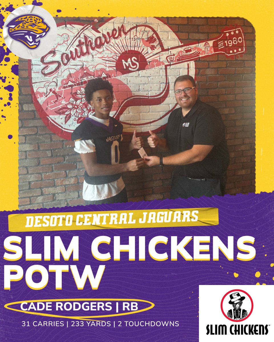 Fball_DC's tweet image. S/O to our Week 1 Slim Chickens Player of the Week, Cade Rodgers. Cade rushed for 233 yards &amp;amp; 2 TDs in week 1.