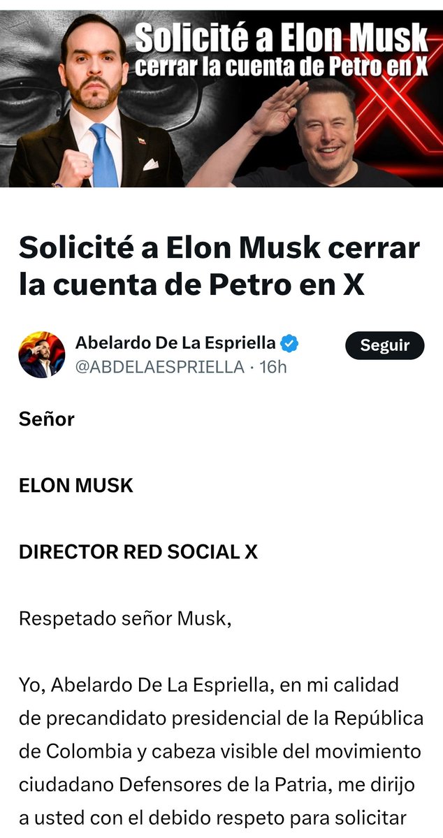 Sandra Chindoy (@sandra_chindoy) on Twitter photo 馃敶Urgente: <a href="/ABDELAESPRIELLA/">Abelardo De La Espriella</a> le pidi贸 a Elon Musk cerrar la cuenta de X del presidente <a href="/petrogustavo/">Gustavo Petro</a>. Vean la hipocres铆a del Uribismo LOS QUE DICEN DEFENDER "LA LIBERTAD" QUIEREN SILENCIAR A NUESTRO PRESIDENTE ELEGIDO EN DEMOCRACIA. Este pueblo ya no aguanta m谩s dictadorzuelos.馃憞馃徑 馃敶Urgente: <a href="/ABDELAESPRIELLA/">Abelardo De La Espriella</a> le pidi贸 a Elon Musk cerrar la cuenta de X del presidente <a href="/petrogustavo/">Gustavo Petro</a>. Vean la hipocres铆a del Uribismo LOS QUE DICEN DEFENDER "LA LIBERTAD" QUIEREN SILENCIAR A NUESTRO PRESIDENTE ELEGIDO EN DEMOCRACIA. Este pueblo ya no aguanta m谩s dictadorzuelos.馃憞馃徑