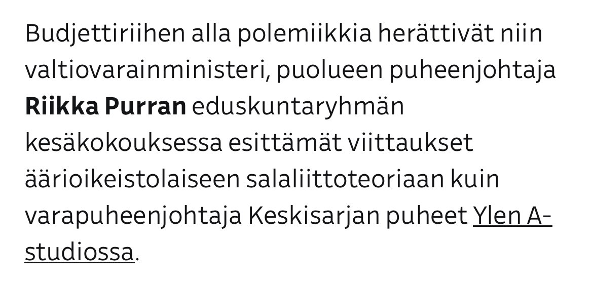 Miksi Yle valehtelee? Tämäkin asia on reilun viikon aikana korjattu monta kertaa. Aina se vain sinne tulee, uudelleen ja uudelleen.

Ei, Purra ei ole viitannut kesäkokouksessa eikä koskaan muulloinkaan mihinkään ”äärioikeistolaiseen salaliittoteoriaan” vaan yksinkertaisesti