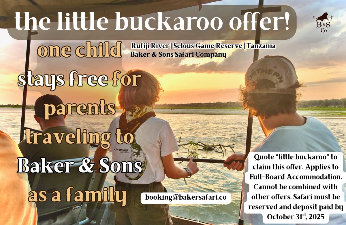 BakerSafari's tweet photo. the Little Buckaroo Offer | booking@bakersafari.co
Rufiji River | Selous Game Reserve | Tanzania

One Child Stays Free for Parents Traveling to Baker & Sons as a Family! https://t.co/CrbRO68Gwi
___________
the fine print: Quote "little buckaroo" to claim this offer. Applies to Full-Board Accommodation. Cannot be combined with other offers. Safari must be reserved and deposit paid by October 31st, 2025
