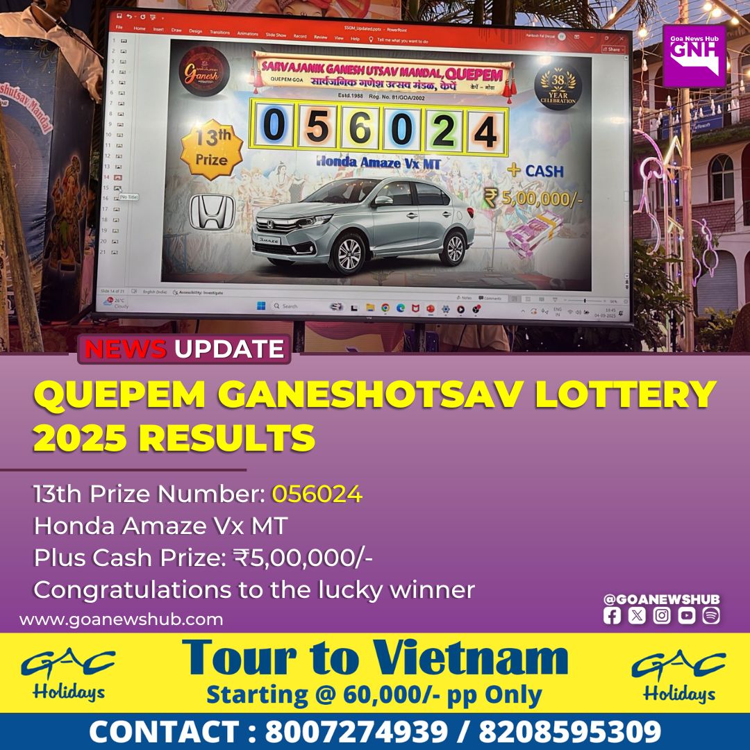 goanewshub's tweet image. Quepem Ganeshotsav Lottery 2025 Results

13th Prize Number: 056024

Honda Amaze Vx MT
 
Plus Cash Prize: ₹5,00,000/-

Congratulations to the lucky winner
 #QuepemGaneshotsav #LotteryDraw #Goa