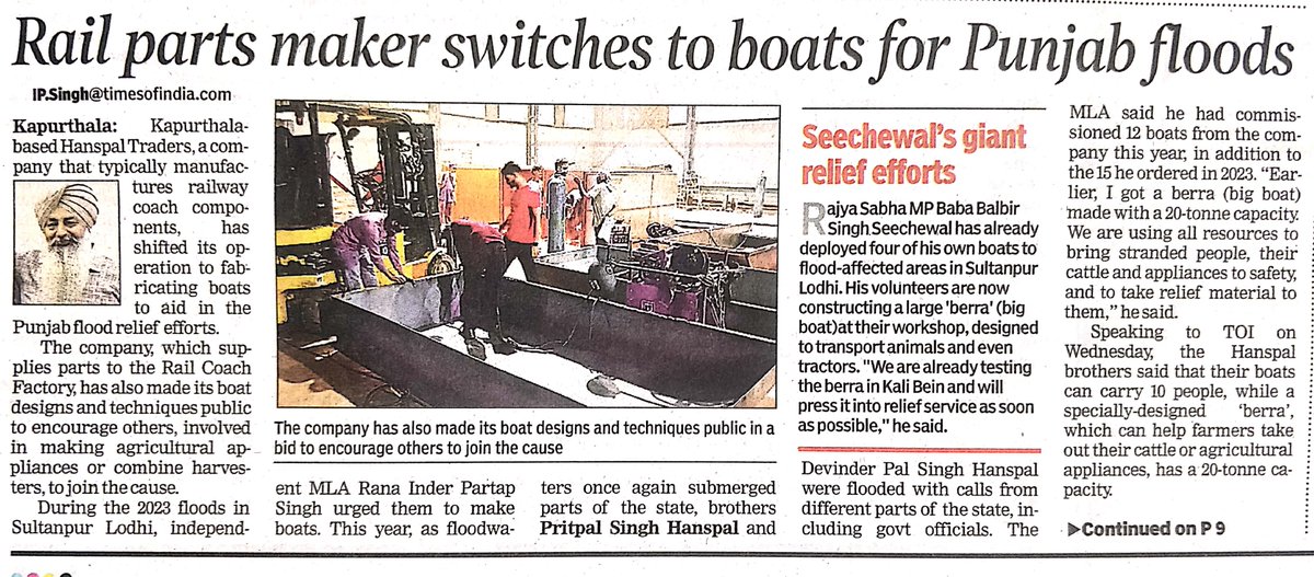 ipsinghTOI's tweet image. The company, which supplies parts to the Rail Coach Factory, has also made its boat designs and techniques public to encourage others, involved in making agricultural appliances or combine harvesters, to join the cause.