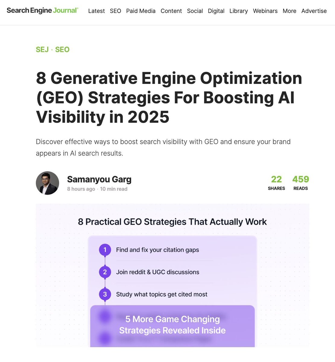 SamanyouGarg's tweet image. I just published a new article in @sejournal on the 8 GEO strategies we’ve found actually move the needle for AI search visibility.

This is based on months of experiments we’ve been running on our own brand and across hundreds of clients.

Some highlights:

✅ How to spot and…
