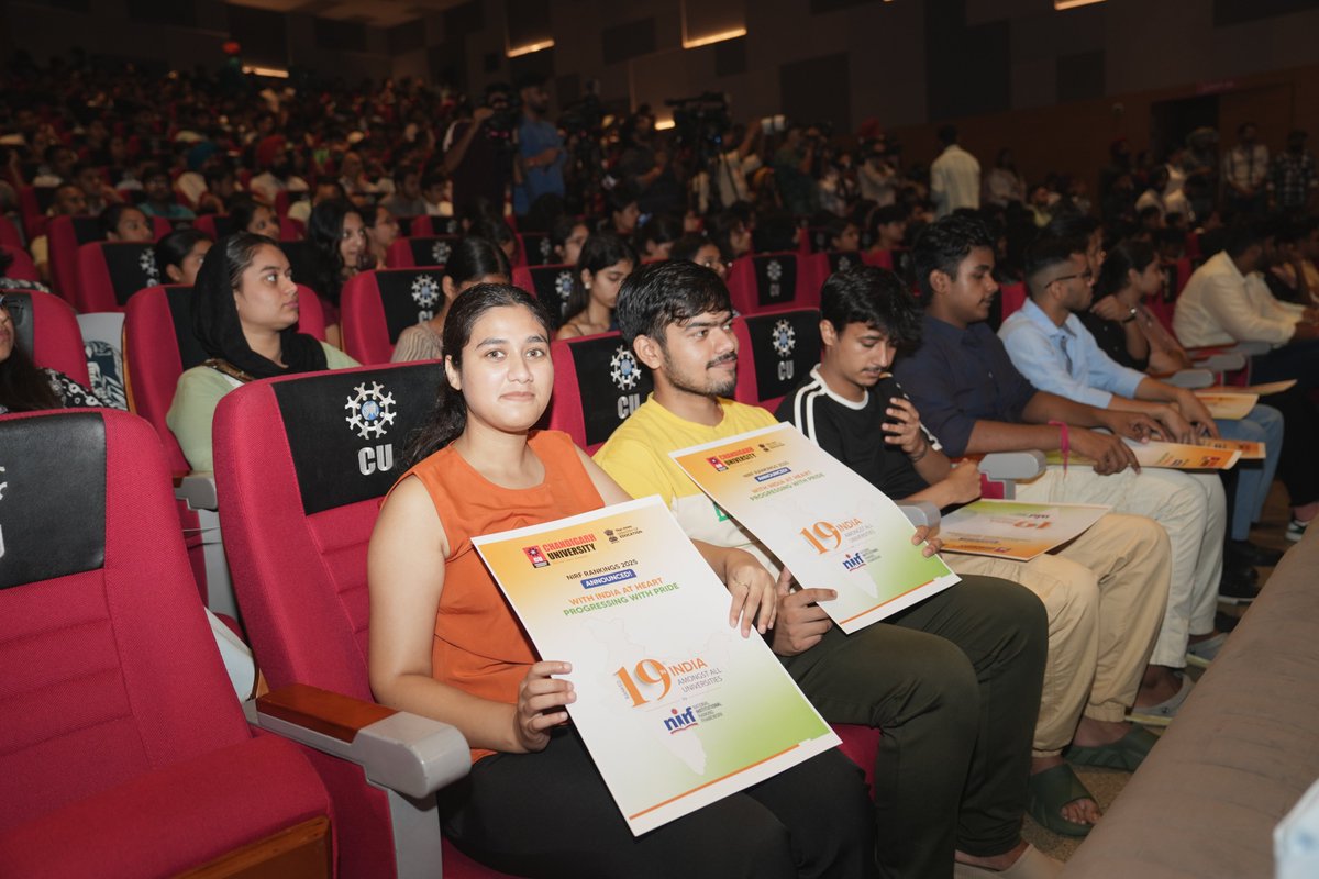 Chandigarh_uni's tweet photo. Chandigarh University Secures 19th Rank Among India’s Top Universities in NIRF Rankings 2025!
We are delighted to announce that Chandigarh University has been ranked 19th among the Top Universities in India in the prestigious NIRF Rankings 2025, released by the Ministry of Education, Government of India.

The National Institutional Ranking Framework (NIRF) is widely recognized as a benchmark of excellence in higher education, and being ranked among the top 20 universities in the country is a true reflection of the dedication and achievements of the entire CU family.

At Chandigarh University, we see this milestone as a stepping stone, not a destination. Inspired by this recognition, we remain committed to nurturing talent, advancing research, and shaping future leaders while setting new benchmarks in higher education.

Join us in celebrating this remarkable milestone as we march forward towards becoming a global leader in education!

@EduMinOfIndia  @satnamsandhuchd 

#ChandigarhUniversity #NIRF #NIRF2025 #NIRFRankings2025 #NIRF