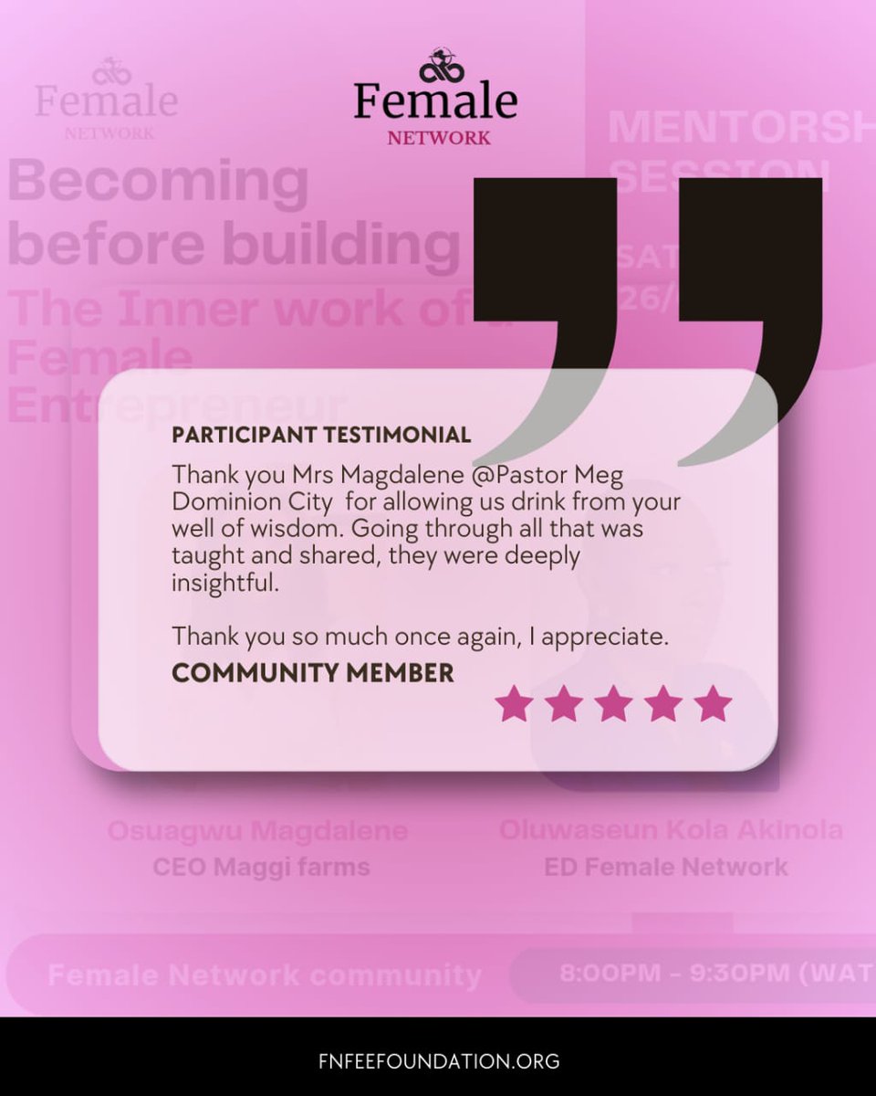 femalenetworkon's tweet photo. What an impactful session we had at our last Female Network Mentorship Session – “Becoming Before Building: The Inner Work of a Female Entrepreneur.”
Here’s what one of our community members had to say👆
#femalenetwork #womeninleadership #mentorship #becomingbeforebuilding https://t.co/7FE9dxOPNs