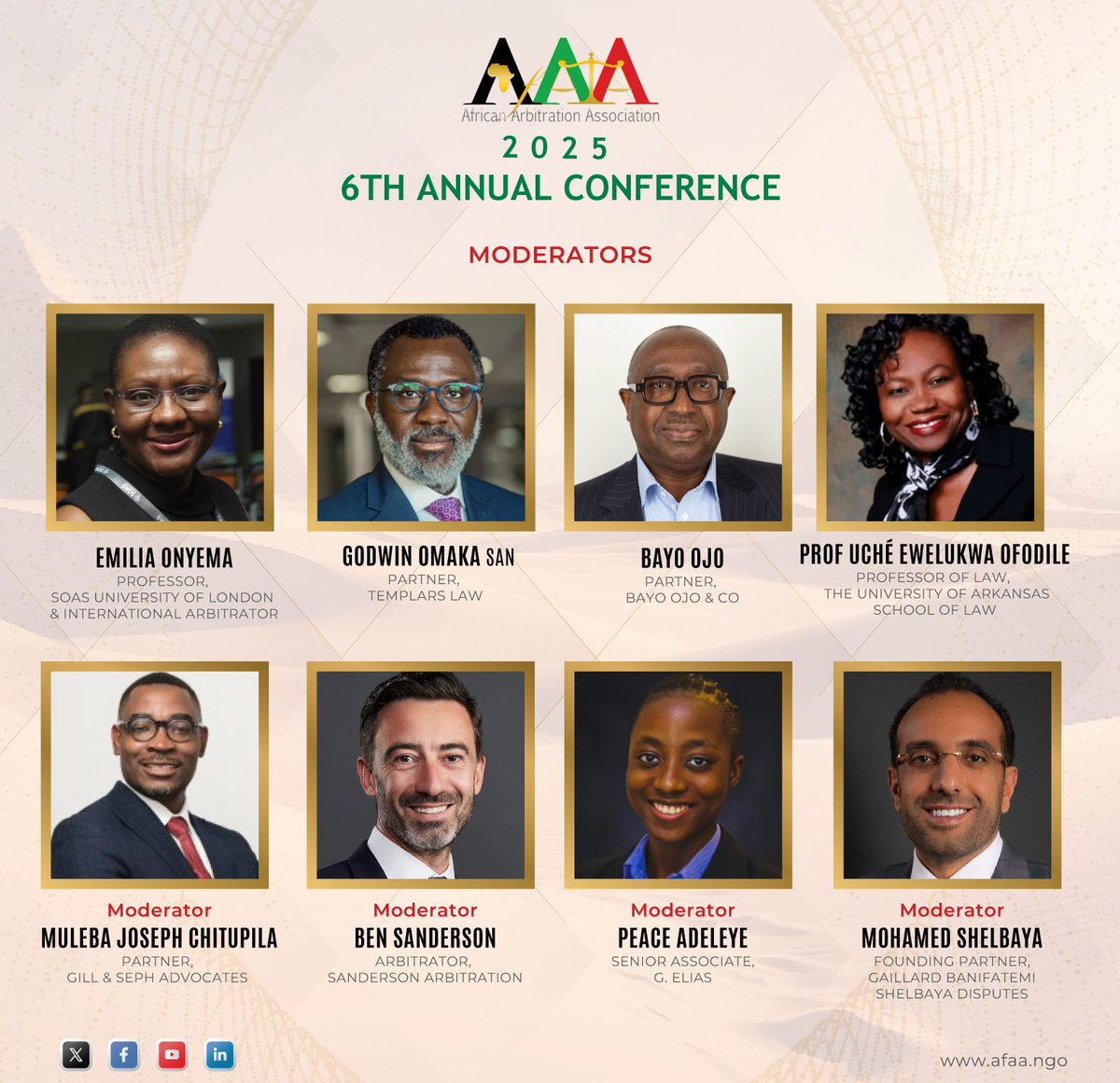 African Arbitration Association (@africanarbassoc) on Twitter photo Meet our Moderators for the 6th AfAA Annual Conference, 10th to 12th October, 2025 at Cairo, Egypt.
To Register: cognitoforms.com/AfAA1/_6thAfAA…
Conference Page:cognitoforms.com/AfAA1/_6thAfAA…
For Payment: …rbitrationassociation.wildapricot.org/onlinepayment Meet our Moderators for the 6th AfAA Annual Conference, 10th to 12th October, 2025 at Cairo, Egypt.
To Register: cognitoforms.com/AfAA1/_6thAfAA…
Conference Page:cognitoforms.com/AfAA1/_6thAfAA…
For Payment: …rbitrationassociation.wildapricot.org/onlinepayment