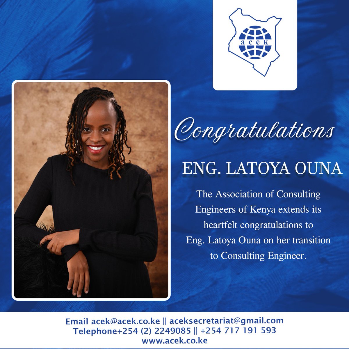ACEK congratulates Eng. LaToya Ouna, Former ACEK FL Chair, on her remarkable achievement as she transitions to Consulting Engineer. Wishing her continued success and impact in the engineering profession! Hongera 👏

<a href="/NamsiT/">Eng LaToya Ouna</a>