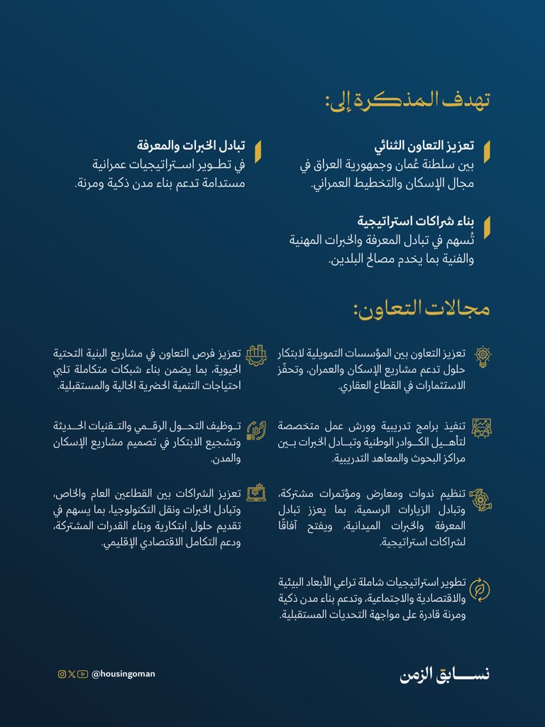 📑 توقيع مذكرة تفاهم بين سلطنة عُمان وجمهورية العراق في مجال الإسكان والتخطيط العمراني، لتعزيز التعاون وتبادل الخبرات.

#الإسكان_والتخطيط_العمراني
#لمجتمعات_مزدهرة