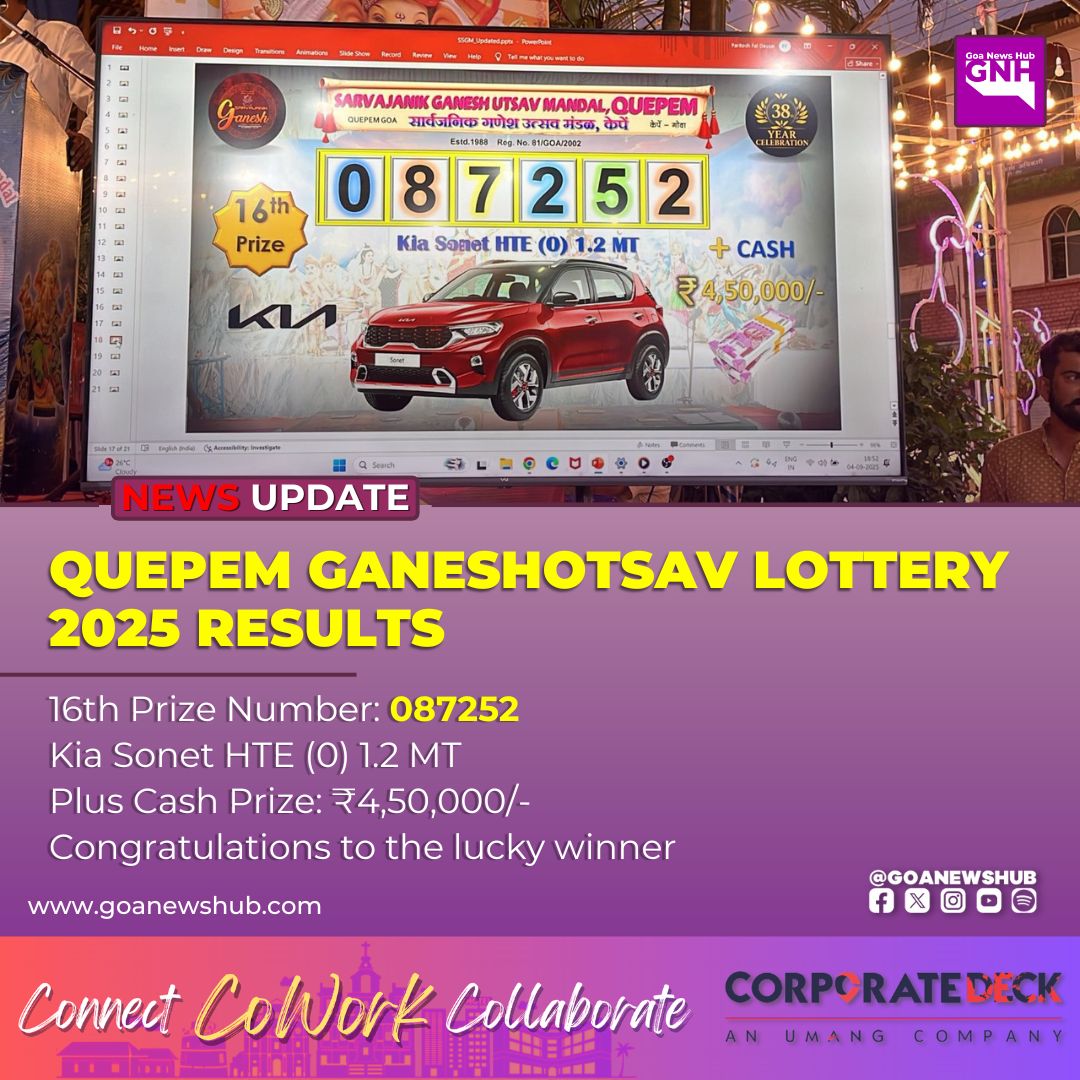 goanewshub's tweet image. Quepem Ganeshotsav Lottery 2025 Results

16th Prize Number: 087252

Kia Sonet HTE (0) 1.2 MT
 
Plus Cash Prize: ₹4,50,000/-

Congratulations to the lucky winner
 #QuepemGaneshotsav #LotteryDraw #Goa