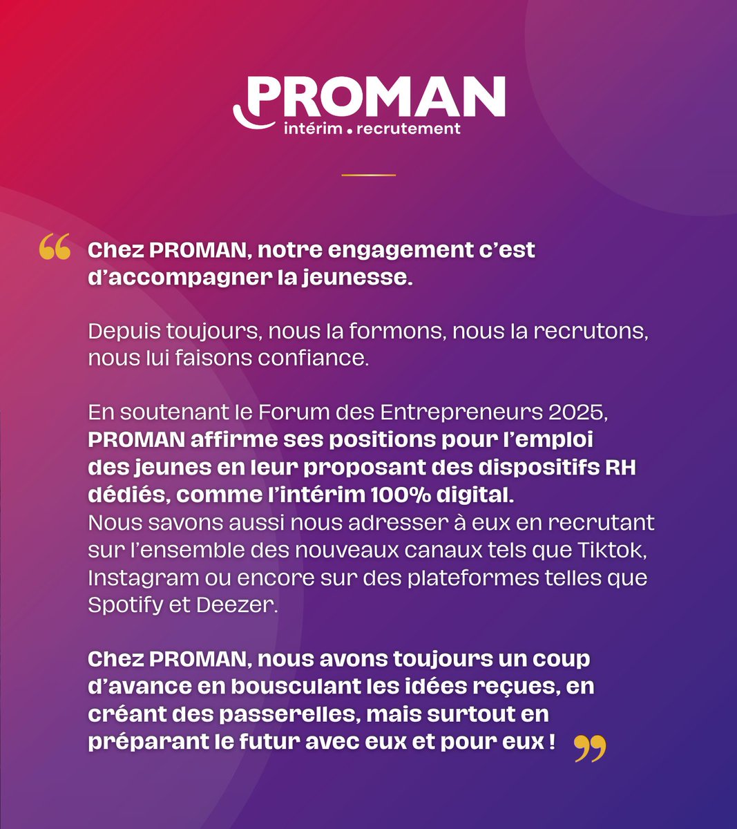 💼 Roland Gomez, Président du Groupe @PROMAN sera présent au #FDE2025 !

Créer des ponts entre talents et entreprises → voilà leur vision du futur. 🌍
Un engagement qui fait écho à notre thématique Forever Young.

🎟 Inscriptions sur forum-des-entrepreneurs.com

#Partenaire #PROMAN
