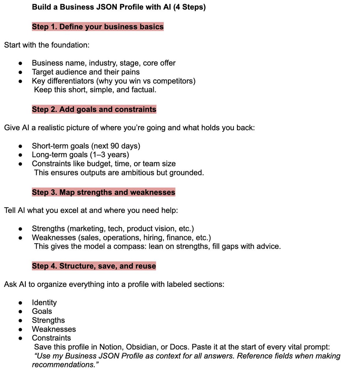One of the highest leverage things any entrepreneur can do right now is build a business JSON profile with AI.

It's essentially your own expert business consultant that already knows your goals, strengths/weaknesses, and context.

I did this with my business a month ago, and the