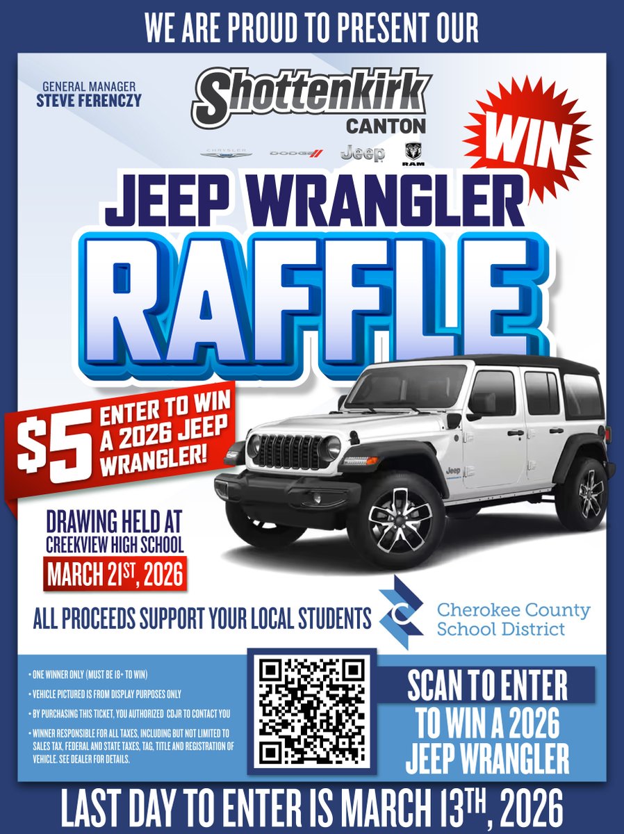 Support your favorite CCSD program/athlete/coach. Purchase your raffle entry today by scanning the QR code! $5 for a chance to win a 2026 Jeep Wrangler! You do not have to be present to win!